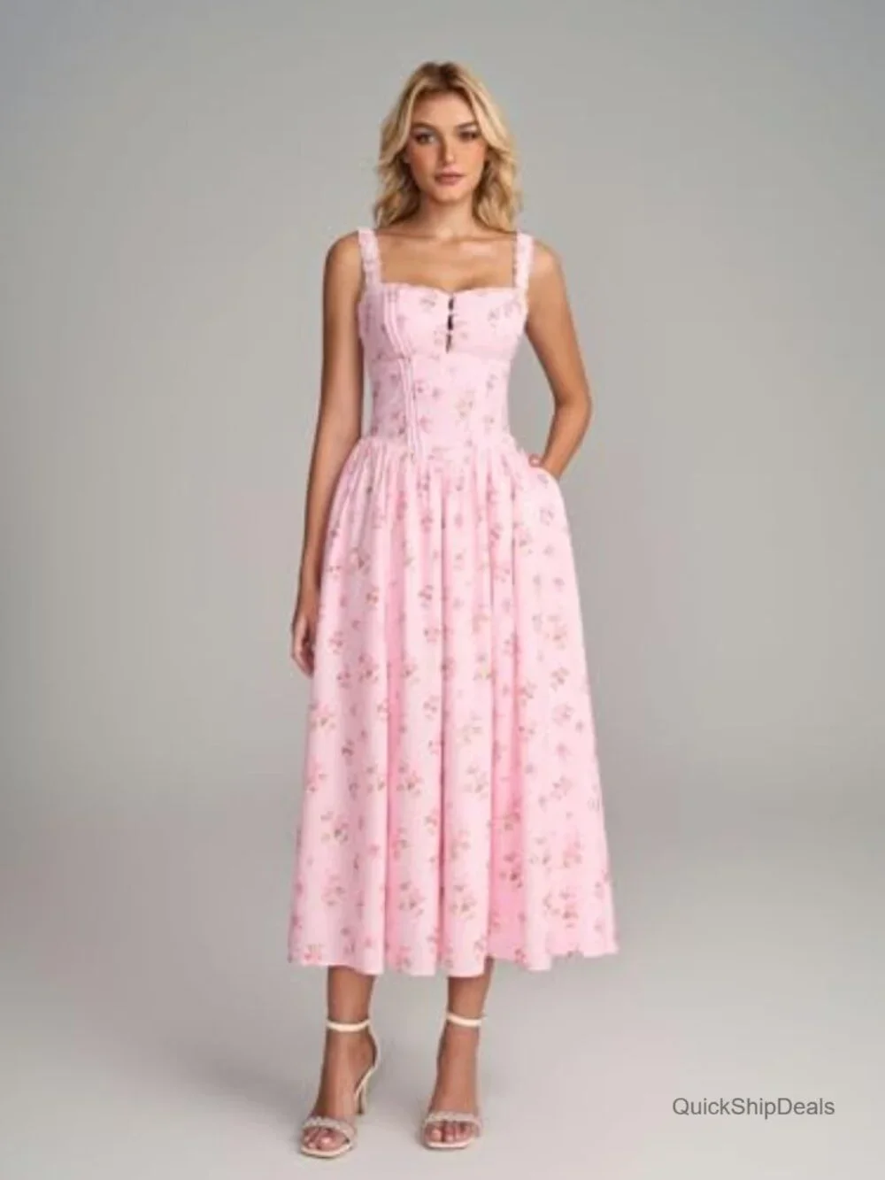Women's Lace Corset Midi Dress Flowy Smocked A-Line with Pockets - Picture 2 of 7